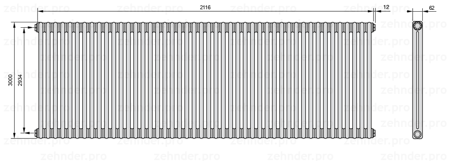 Схема (чертеж) Радиатор Zehnder Charleston 2300/46 №1270 Белый глянцевый RAL 9016